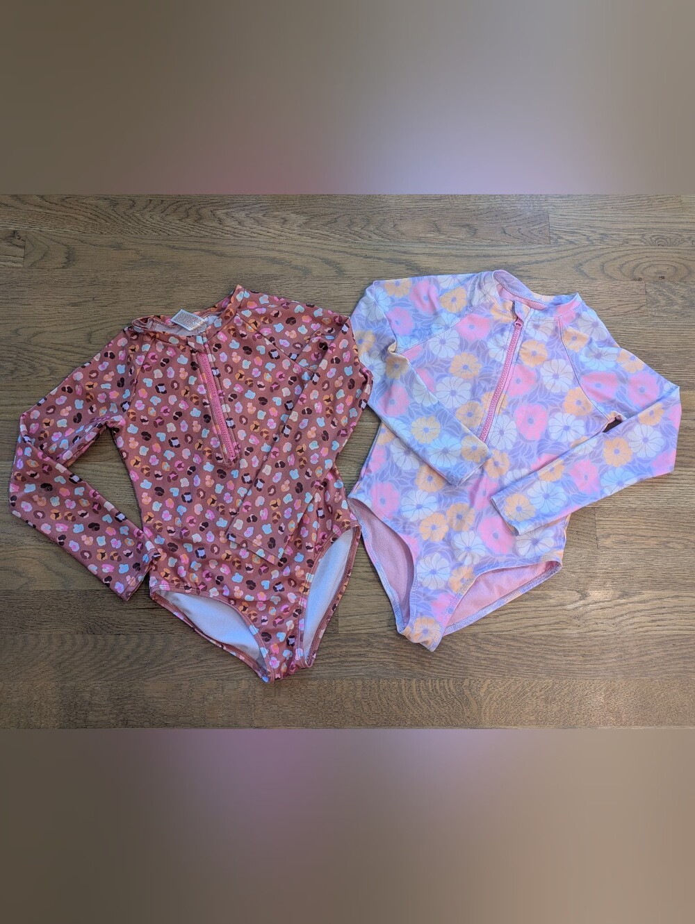 Girls' Long Sleeve Pink Floral & Coral Print Rash Guard Swimsuits